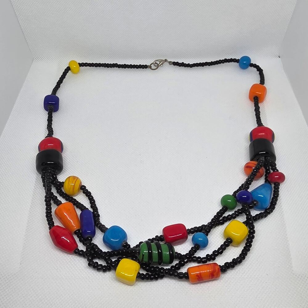 Vibrant Multi-Strand Statement Handcrafted Colorful Glass Beaded Ethnic Necklace - Picture 3 of 5